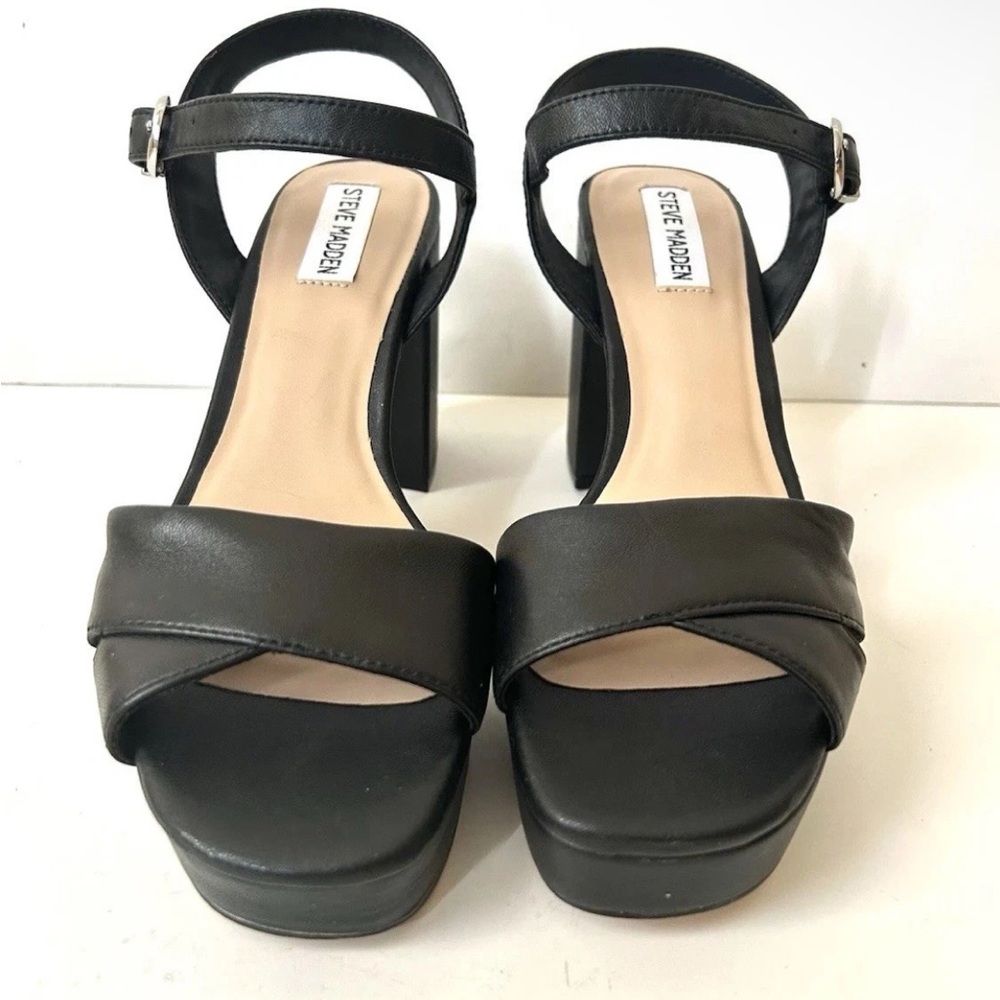 Steve Madden Emberly Black Leather High Heels Platform Sandals Size 8.5